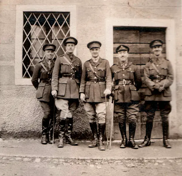 Officers Skinner, Corsan, Seeley, unknown, and Morris at Tezze, Italy, 1919